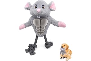 Calibonbon Funny Muscle Mouse Dog Toy – Plush Rat with Squeaky Rubber Chest & Rope Legs, Durable Interactive Chew Toy for Med