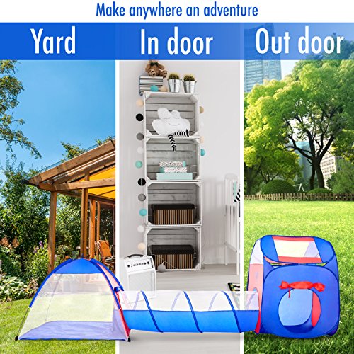 Unicorn Kids Play Tent with Tunnel - 3-in-1 Playhut Hours of Indoor Outdoor Fun Popup X-Large Ball Pit for Children Red and Blue