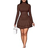 SOLY HUX Women's Ruffle Mini Dress Mock Neck Long Sleeve Ruched Layered Bodycon Cocktail Party Dresses