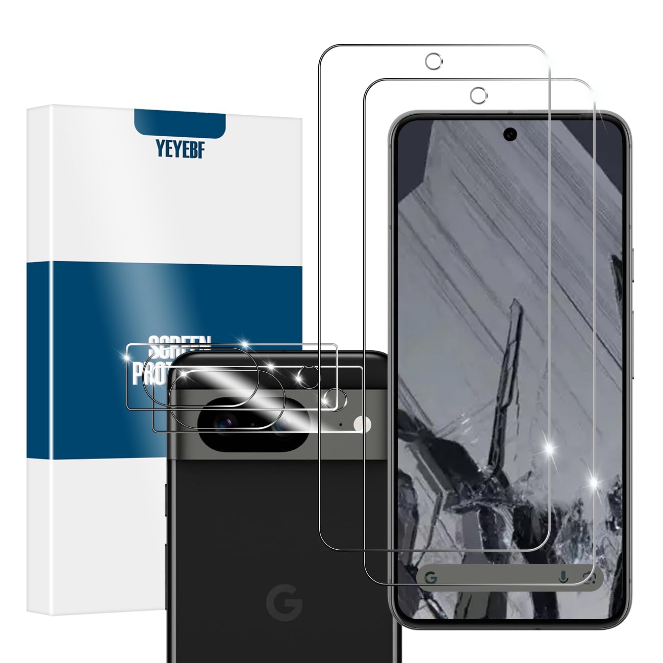 YEYEBF Pixel 8a HD Clear Tempered Glass Screen Protector + Camera Lens Protectors, [2+2 Pack] [3D Glass] [Anti-Glare] [Bubble-Free] Screen Protector Glass For Google Pixel 8a