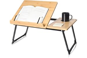 wishacc Book Stand for Reading in Bed, Bamboo Laptop Stand Adjustable Book Holder Tray with Page Paper Clips Multi Angles Adjustable Cooking Bookstands for Textbook Recipe Magazine Tablet Portable