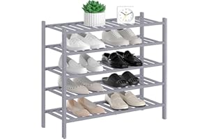 RONGJIA 5-Tier Natural Bamboo Shoe Rack - Stackable Storage Shelf with Multi-Function Combinations - Free Standing Shoe Racks for Convenient Shoe Organization（Gray） 11" D x 27" W x 35" H