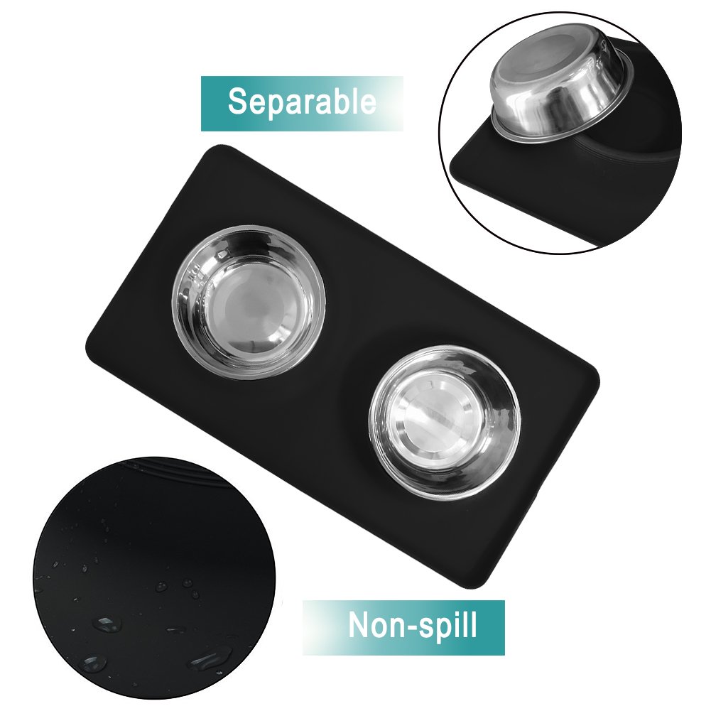 Home of Boutique Dog Bowls, Stainless Steel Pet Food Bowl, Cat Water Bowls with No-Spill Anti-Slip Silicone Mat for Large or Medium Dogs or Cats, Set of 2 Bowls (L, Black)