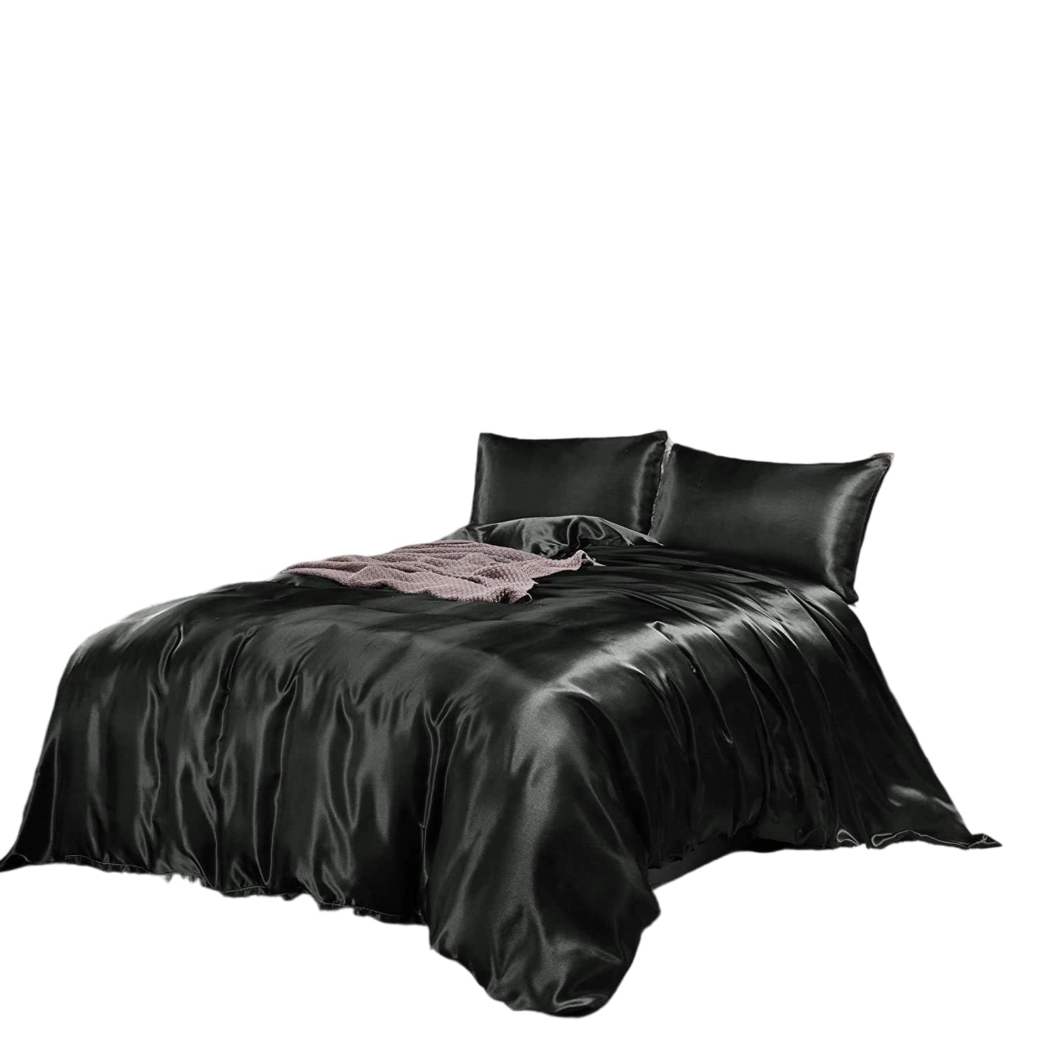 Homewish Fashion Black Duvet Cover Set Double Size Silk Like Satin Bedding Sets Summer Reversible Quilt/Comforter Cover Polyester Honeymoon Sexy Luxury Soft Microfiber Bedding Decor