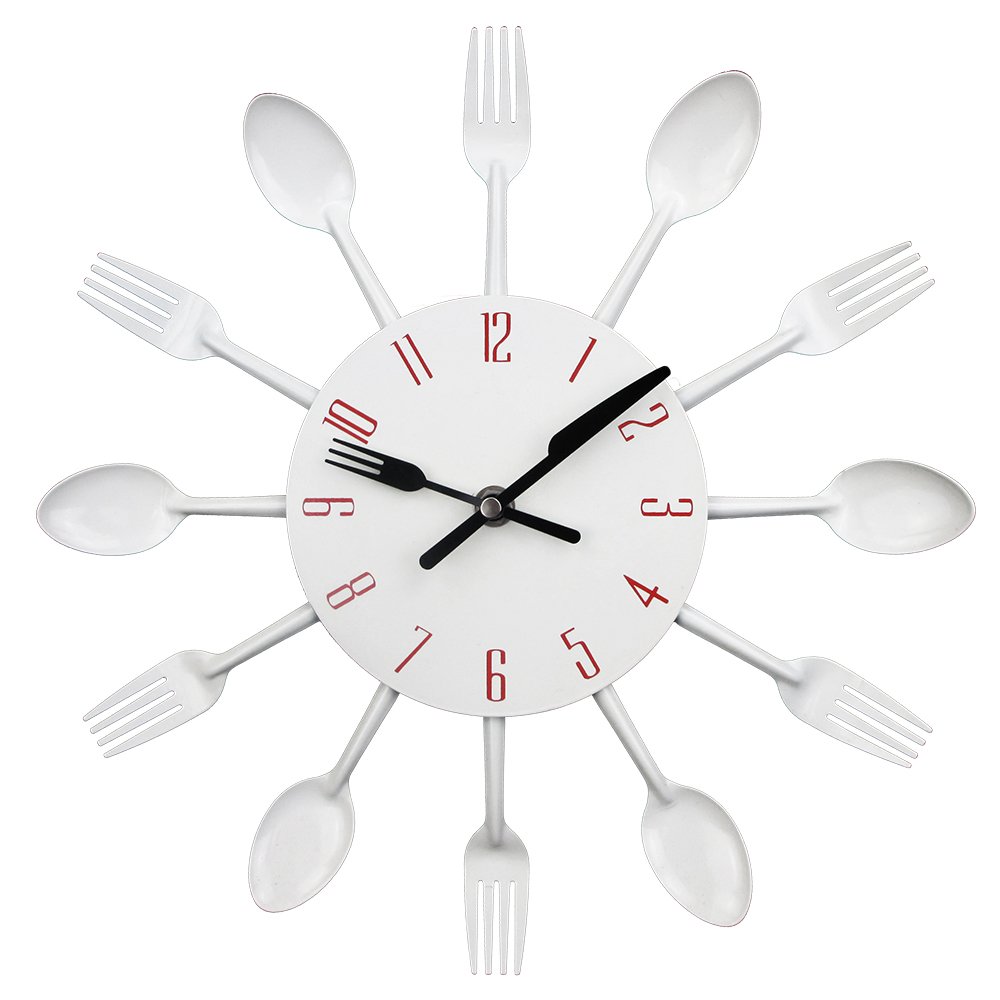 Timelike 3D Removable Modern Creative Cutlery Kitchen Spoon Fork Wall Clock Mirror Wall Decal Wall Sticker Room Home Decoration White 33CM
