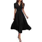 Krumba Women V-Neck Summer Dress: Puff Short Sleeve A-Line Midi for Casual Beach Party - Semi-Formal Maxi for Wedding Guest