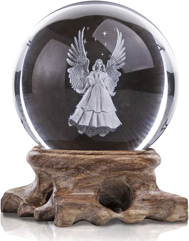 3D Angel Figurines Full Sphere Crystal Ball Laser Engraved Paperweight Home Art Decor Crafts(Clear)
