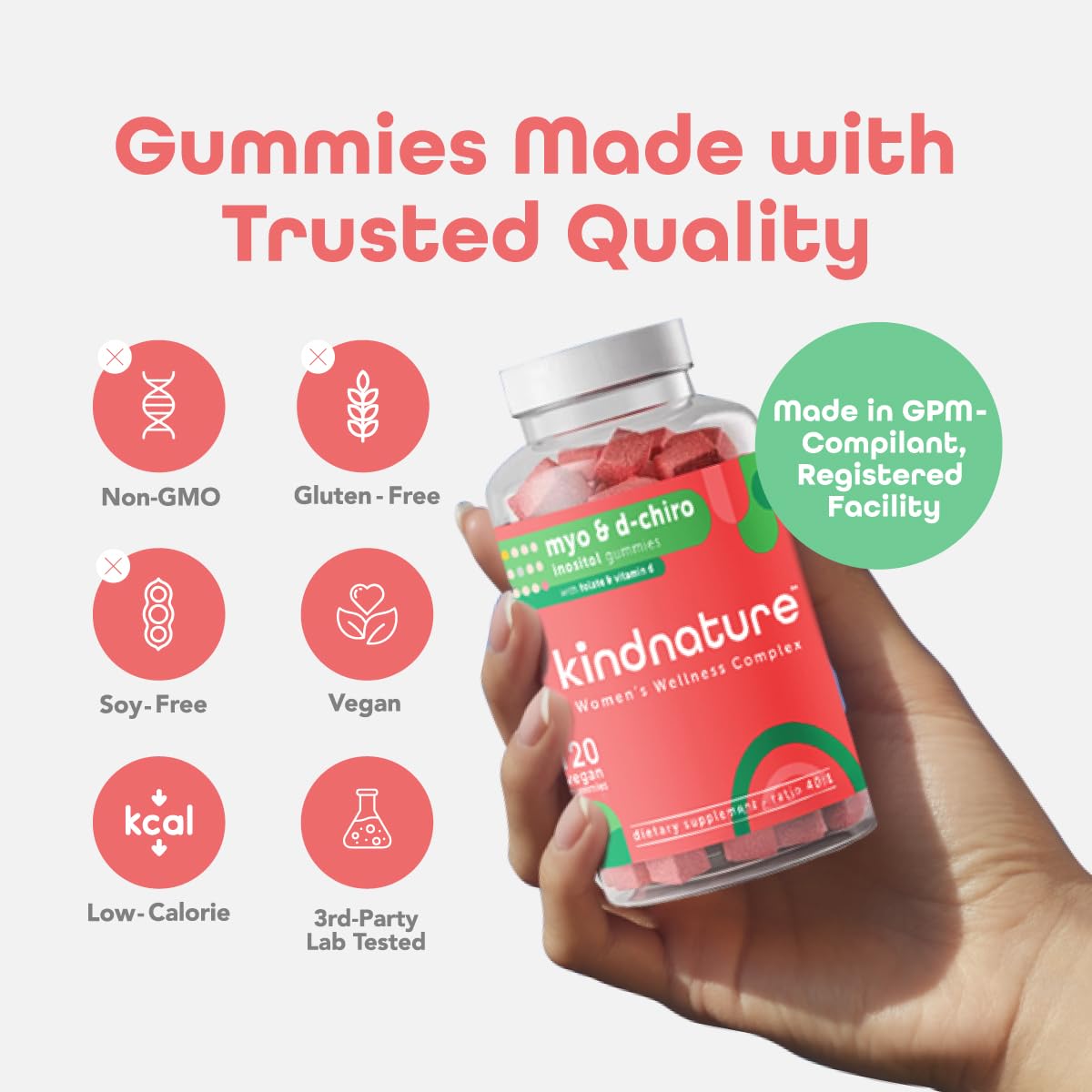 kindnature Myo-Inositol & D-Chiro Inositol Gummies with Vitamin D & Folate - Ideal 40:1 Ratio - 30 Day Supply