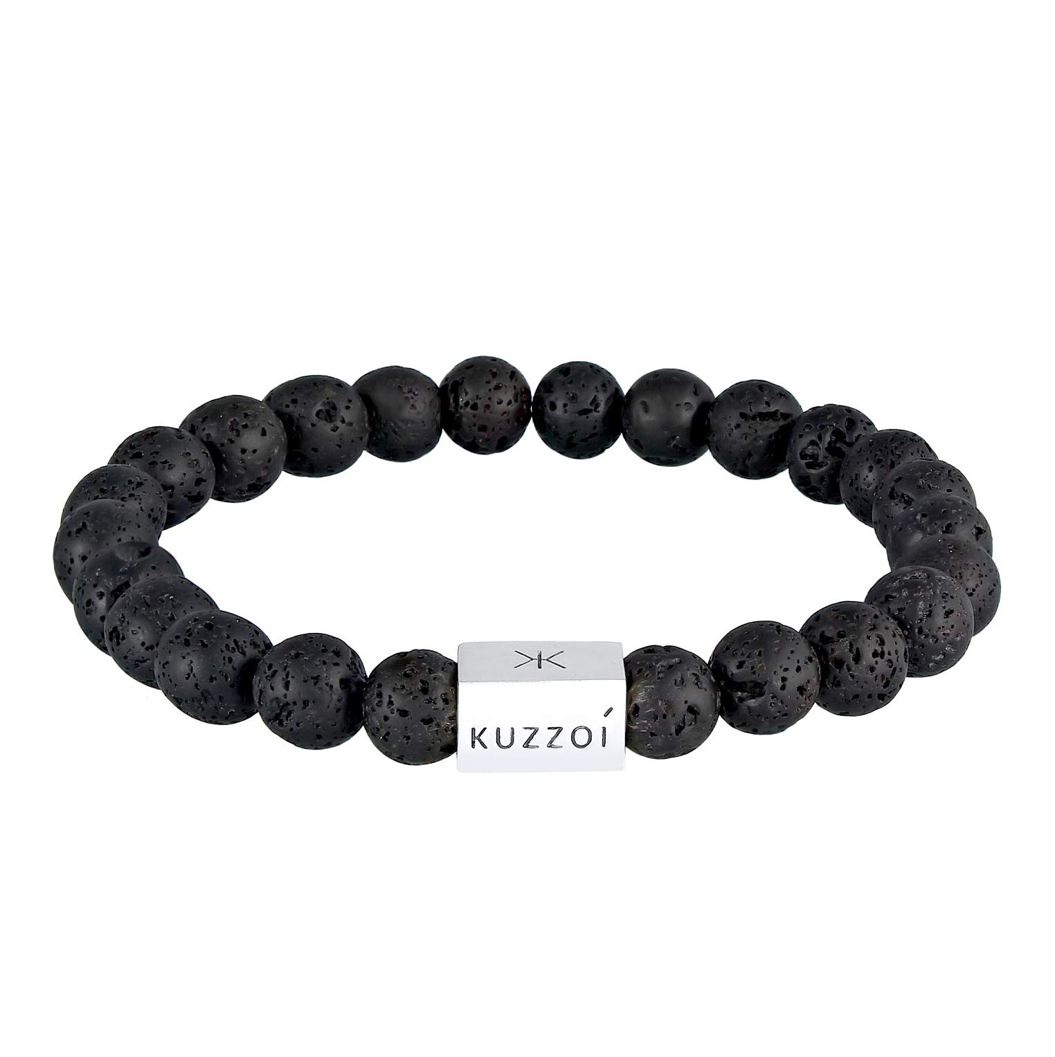 Kuzzoi Buddha Men's Natural Stone Bracelet, Elastic Lava Gemstone Beads (8 mm) with Bead Made of 925 Sterling Silver for Men