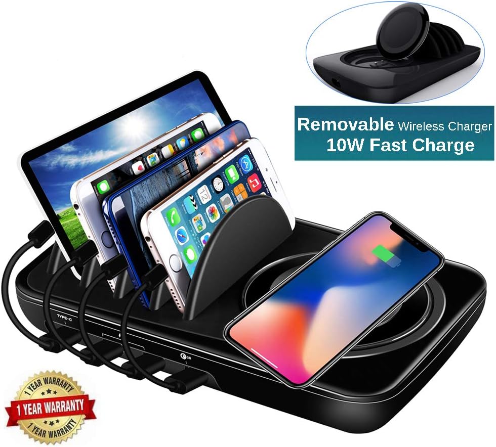 Wireless Charging Station Dock,Multiple Devices Charging Organizer with 10W Fast Qi Cordless Charge Pad, Multi Desktop Docking Station Hub with Type-C/USB/Quick Charge 3.0 Port for Android iOS, Black