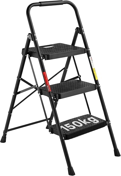 BONTEC 3 Step Ladder Folding Steel Step Stool 150kg Capacity Anti-Slip