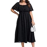 SCOMCHIC Women's Plus Size Formal Dresses Square Neck Short Sleeve Lace Floral Smocked Flowy Long Maxi Wedding Guest Dress
