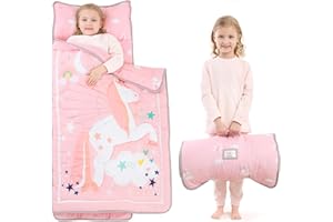UOMNY Toddler Nap Mat - 1 Pack Girls Sleeping Bag with Removable Pillow - Unicorn 53x21Inch Kids Preschool Nap Sack with Pillow Pink Girls Napper Nap Mats for Daycare Napping Bag for Girls