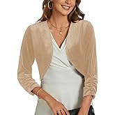 MINTLIMIT Velvet Shrug for Women's Ruched 3/4 Sleeve Open Front Cardigan Elegant Cocktail Party Cropped Bolero Jacket