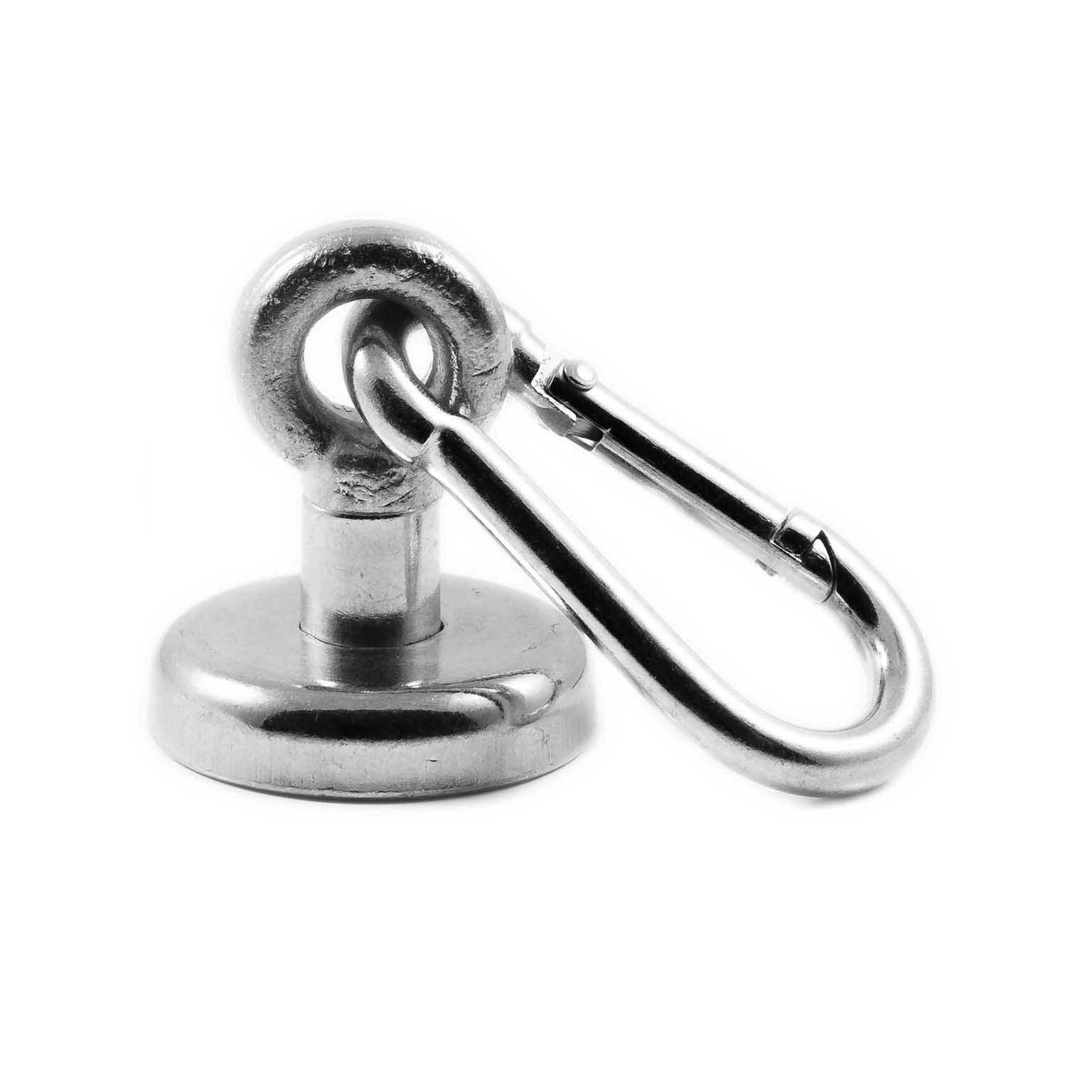 Magnetastico® | Neodymium Eyebolt-Carabiner Magnet N35 32 mm Ø | Holding Force 34 kg | Strong & Powerful Neodymium Pot Magnet snap Hook with Eye, Loop & galvanised | Magnetic karabiner Eyebolt