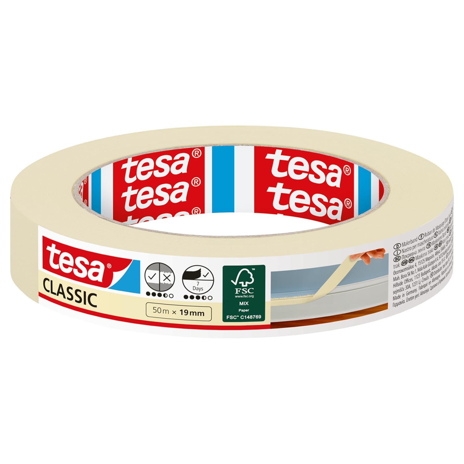 tesa Masking Tape CLASSIC - Painter's Tape for Masking During Painting Work - Solvent-free, Removable without Residue - 50 m x 19 mm