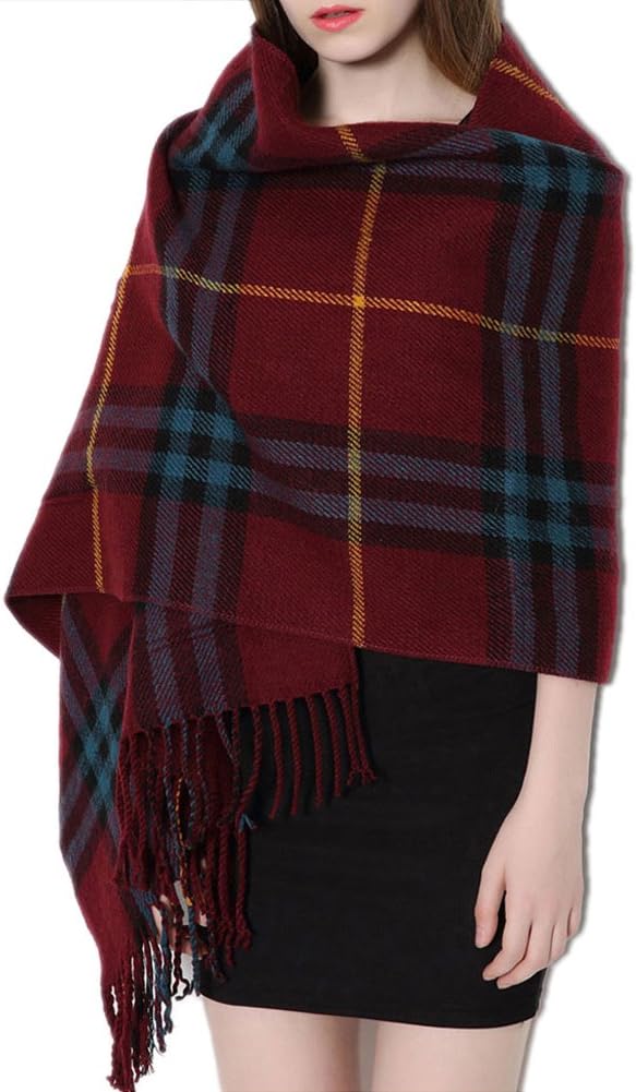 Women's Shawl Pocket Scarf Stylish Warm Soft Plaid Double Sided Wearing with Tassel