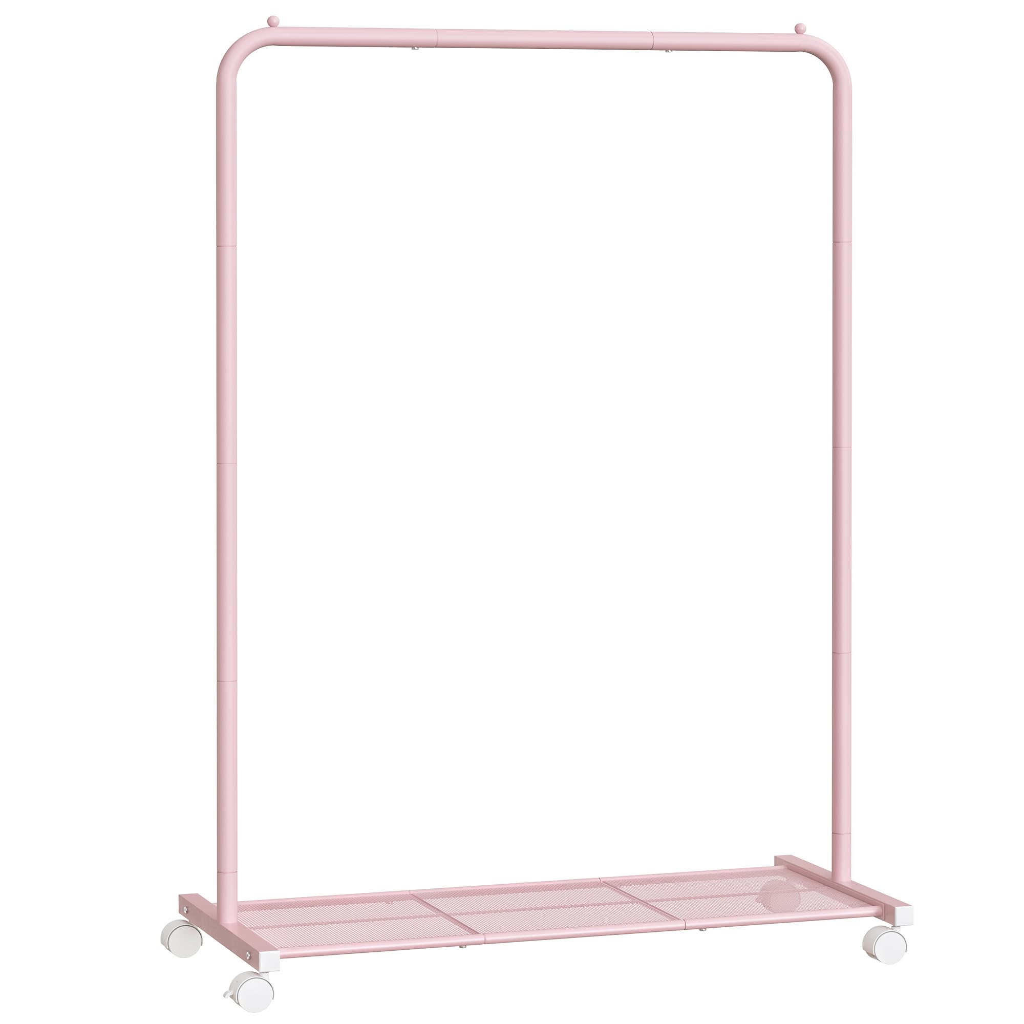 Photo 1 of SONGMICS Clothes Rack with Wheels, Clothing Rack for Hanging Clothes, 25.4mm Metal Garment Rack with Dense Mesh Storage Shelf, 110 lb Load Capacity, 2 Brakes, Pink UHSR025P01