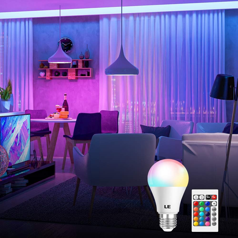 LE RGB Color Changing Light Bulbs with Remote, Dimmable 40 Watt Equivalent Warm White, A19 E26 Screw Base for Home Decor, Bedroom, Stage, Party and More - Led Household Light Bulbs - 