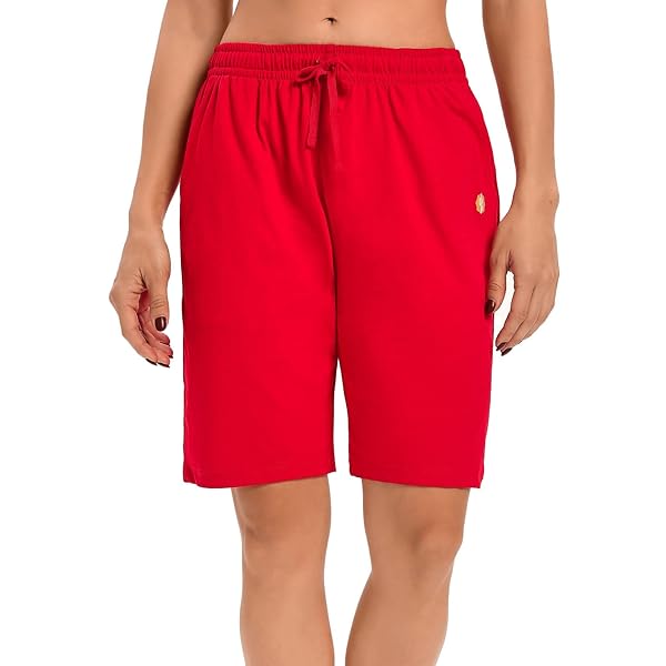 LUCKYCATCUS WOMEN’S BERMUDA SHORTS JERSEY SHORTS WITH POCKETS YOGA WALKING ATHLETIC LONG SHORTS FOR WOMEN KNEE LENGTH (RED, L)