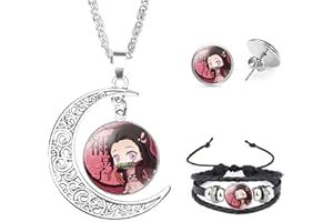 Aquasuki Nezuko Kamado Anime Jewelry Set Glass Dome Crescent Moon Pendant Charm Necklace, Earrings, Bracelet Jewelry Set Gifts for Women Girls