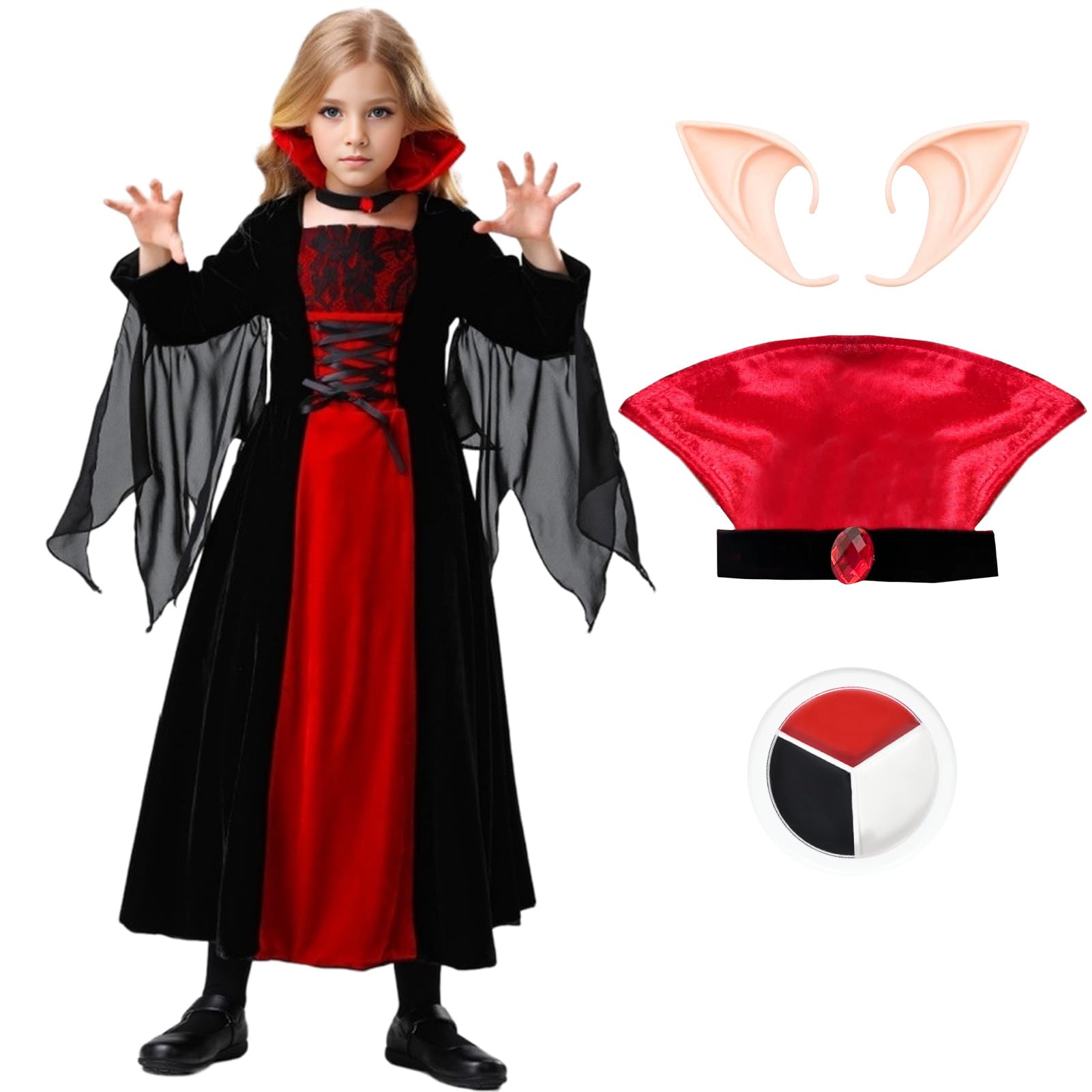 Vampire Costume Kids Vampirina Princess Gothic Vampira Evil Dress Halloween Costumes for Girls Vampiress Queen Outfit Fancy Dress Vampire Ears Painting Cosplay (M (4-6 years))