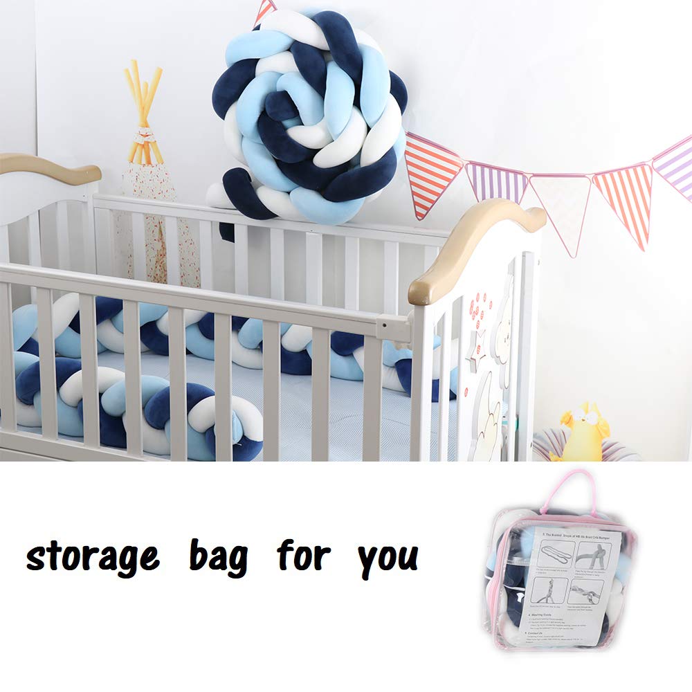 Lion Paw Crib Bed Bumper Pillow Cushion 78.7in Crib Sides Protector Infant Cot Rails Newborn Gift Knotted Braided Plush Nursery Cradle Decor (White-Blue-Dark Blue 78.7in) : Baby
