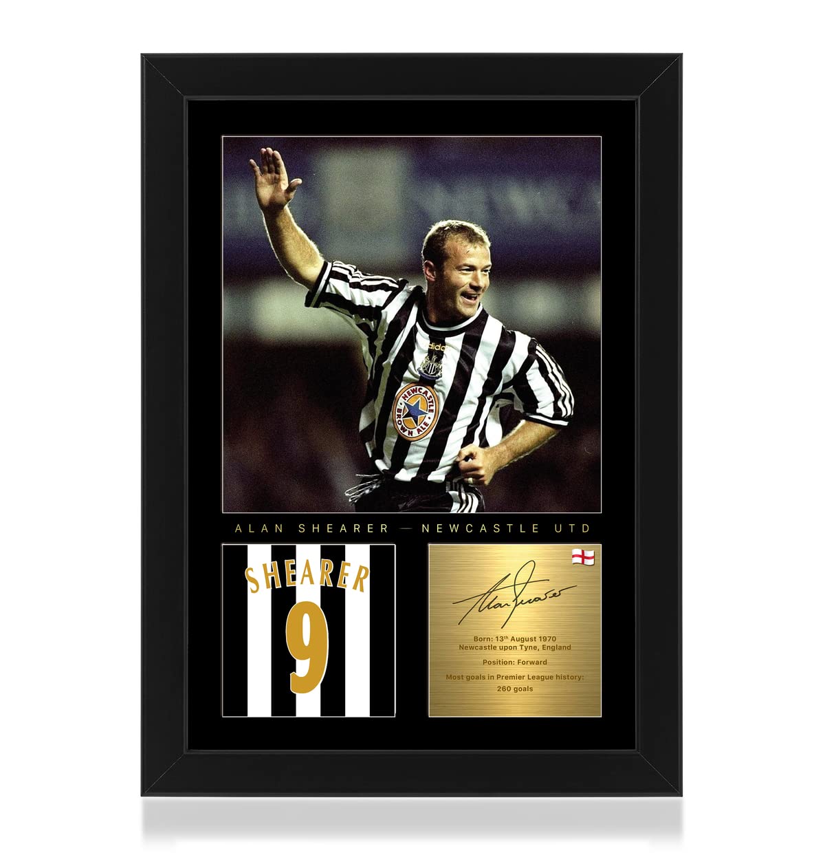 Win FC Alan Shearer A4 Framed Photo Display - Reproduced Digital Signature - Gift For Newcastle Fans