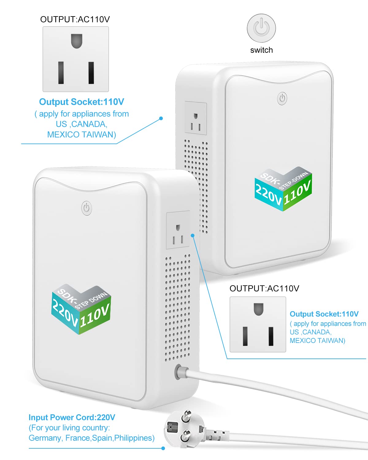 220v to 110v Step Down Transformer 1000W Power Voltage Converters, No Noise, Suit for Coffee Machines, Rice Cookers and Other Kitchen Appliances，Using US and Japan Appliance in Asia or Europe