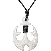 81stgeneration Hand-Carved Bone Large HEI Matau Anchor Pendant - Men's Surfer Accessory - Handmade Tribal Fish Hook Necklace - Maori-Style Amulet - Natural Bone Jewelry - Nautical Cord Necklace