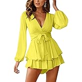 AIMCOO Women's Floral Print Deep V-Neck Romper Double Layer Ruffle Hem Jumpsuits Long Baggy Sleeves Waist Tie Short Rompers