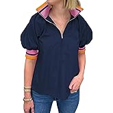 Skoinvb Womens Summer Blouse Tops Puff Sleeve Shirts Half Zip V Neck Dressy Casual Color Block T-Shirts