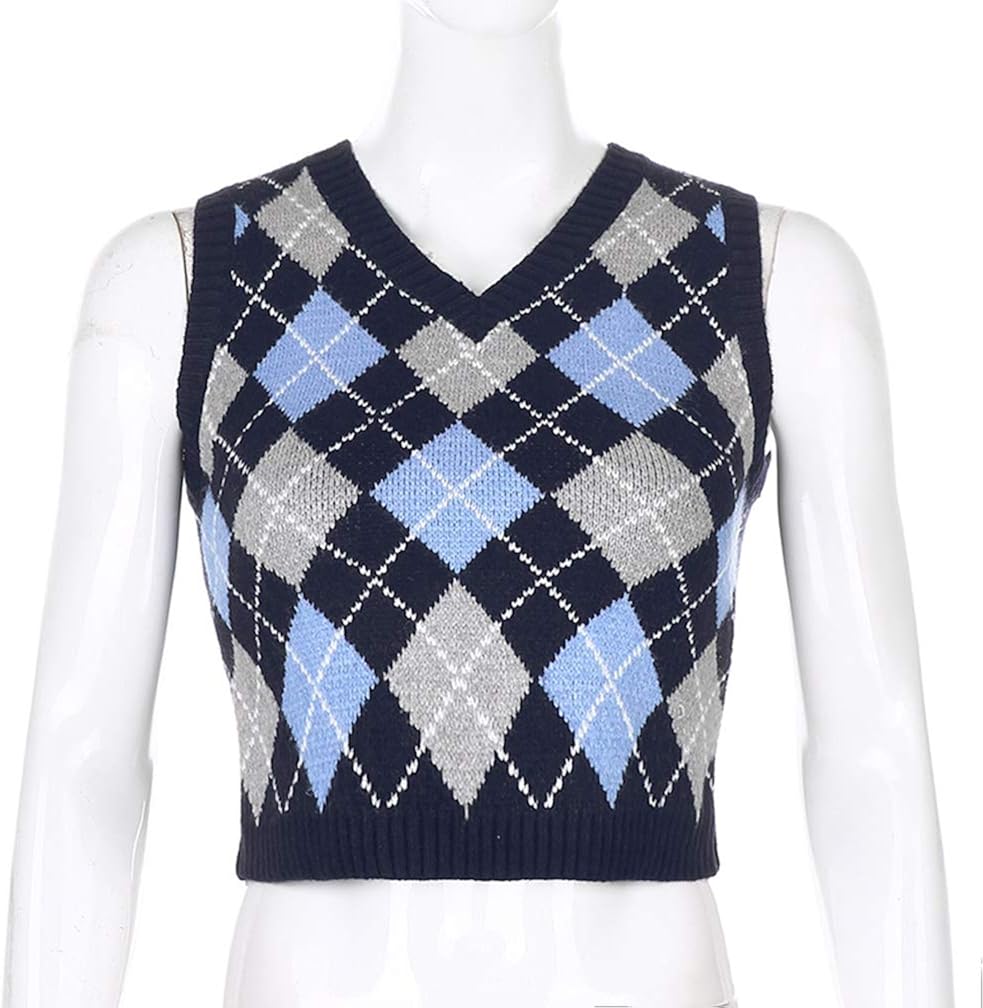 Grneric Women Argyle Preppy Style Sweater Vest Sleeveless V Neck Knitwear Knit Tank Top at  Women’s Clothing store