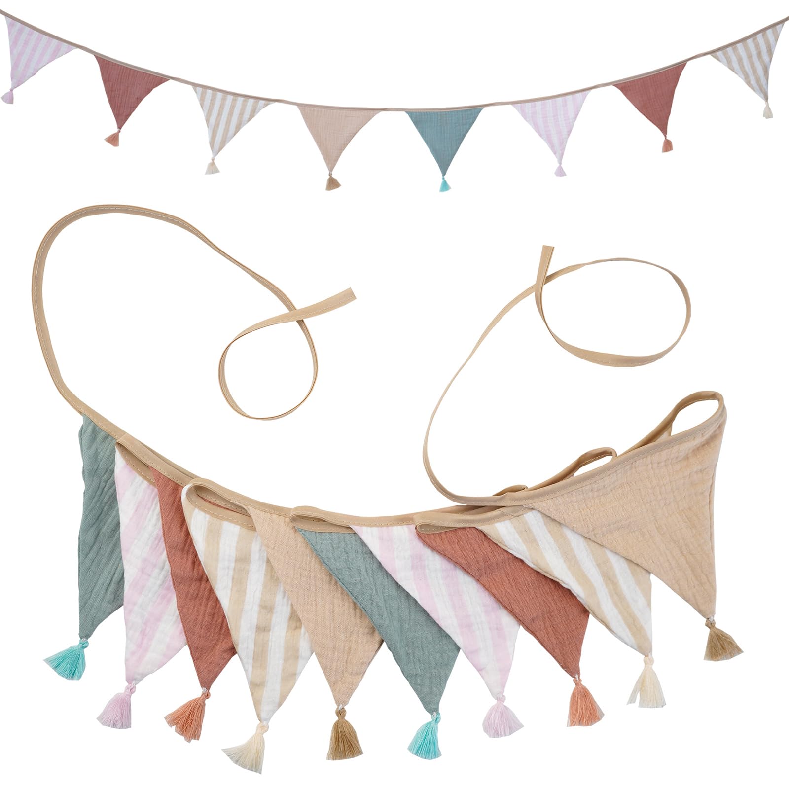G2PLUS Muslin Fabric Bunting with Tassel: 10PCS Double Sided Cotton Garland, 2.6m Nursery Fabric Triangle Banner for Nursery, Bedroom, Baby Shower, Brithday Party Decoration, Beige Light Brown
