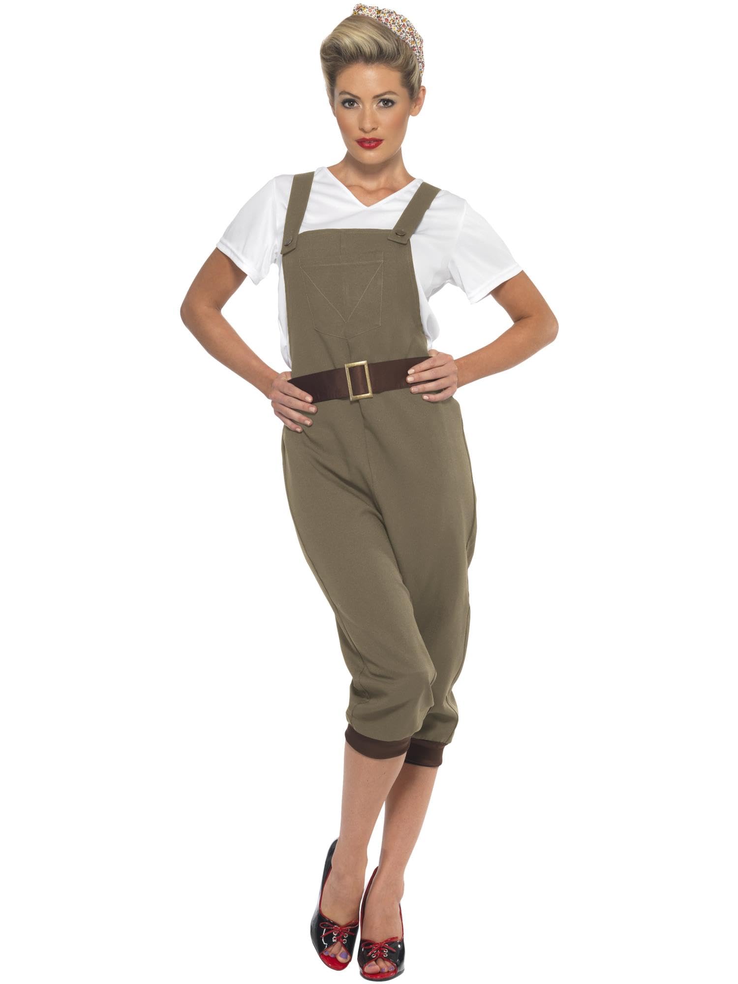Smiffys WW2 Land Girl Costume, Khaki with Top, Dungarees and Headscarf, 1940's Wartime Fancy Dress, 1940s Dress Up Costumes