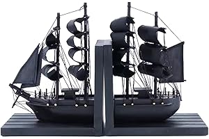 NAUTIMALL Wooden Ship bookends The Black Pearl Pirate 10" Prebuilt Caribbean Coastal Sailboat Decor Nautical Gift for Enthusiasts