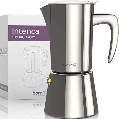 bonVIVO Moka Pot 2 Cup Intenca Stainless Steel Espresso Maker Silver Finish