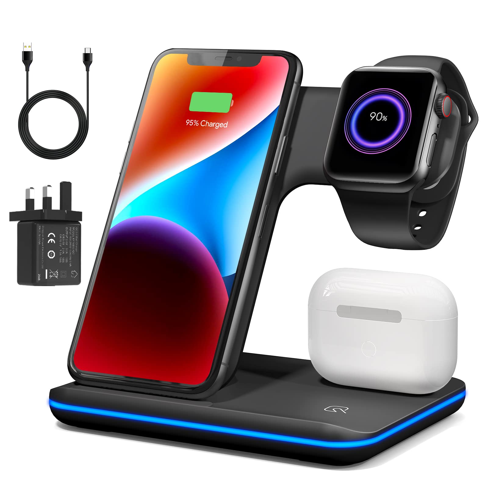 VESSTT Wireless Charger 3 in 1, Wireless Charging Station for iPhone 15/14/13/12/11 and Apple Watch 8/7/6/5/4/3/2/SE, 2022 Upgraded Charging Dock for AirPods 1/2/3/ Pro/Pro 2…