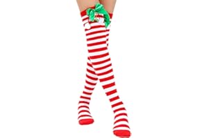 deladola Christmas Striped Thigh High Socks Candy Cane High Stockings with Bow for Women