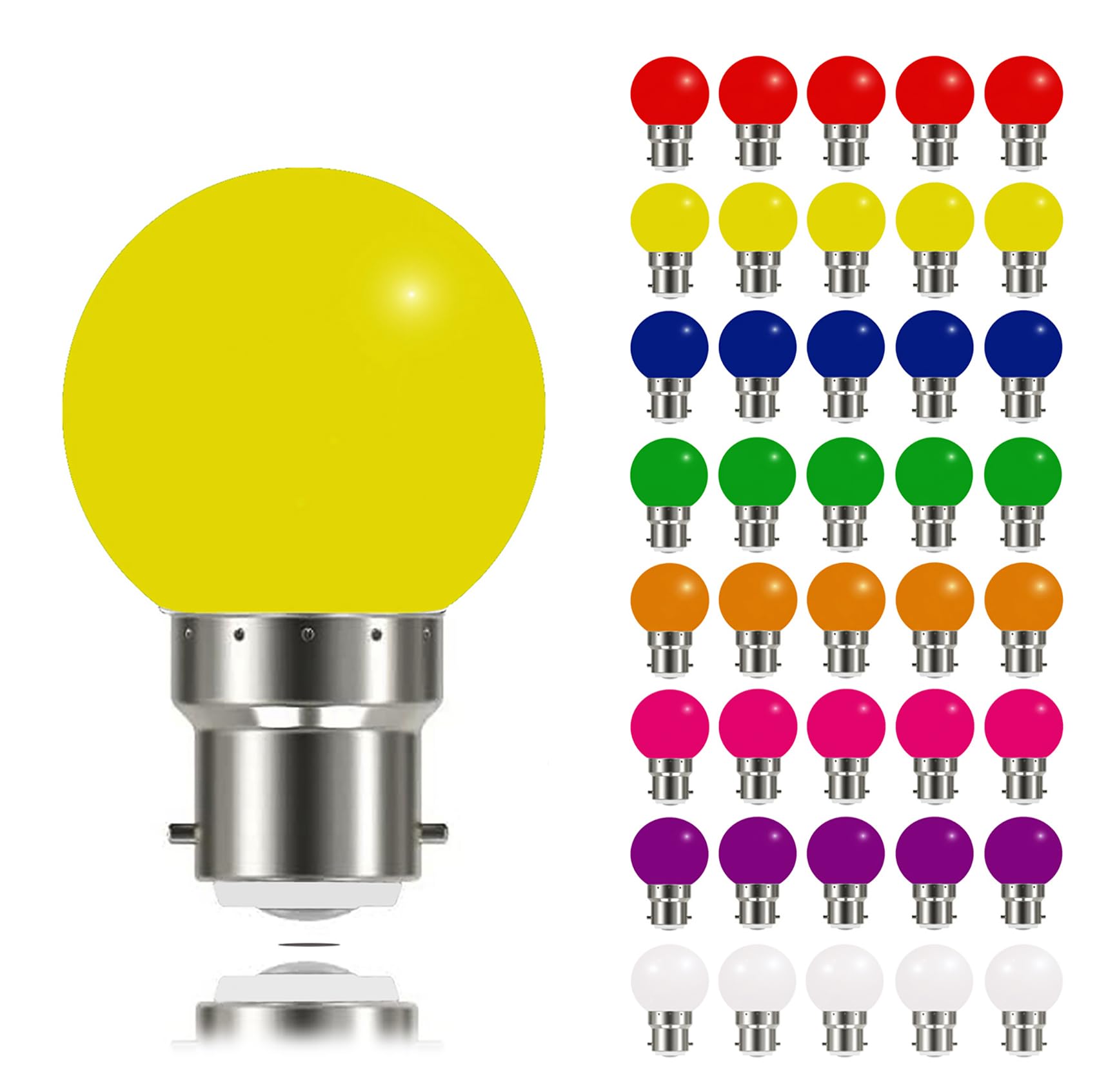 MAYCOLOR 40 Pack Coloured Light Bulbs Bayonet B22 3W, Not dimmable, Garden Light Bulb, Multicoloured Bulb for Outdoor Indoor String Wedding Party Bar Mood Ambiance Decor Eight Colours