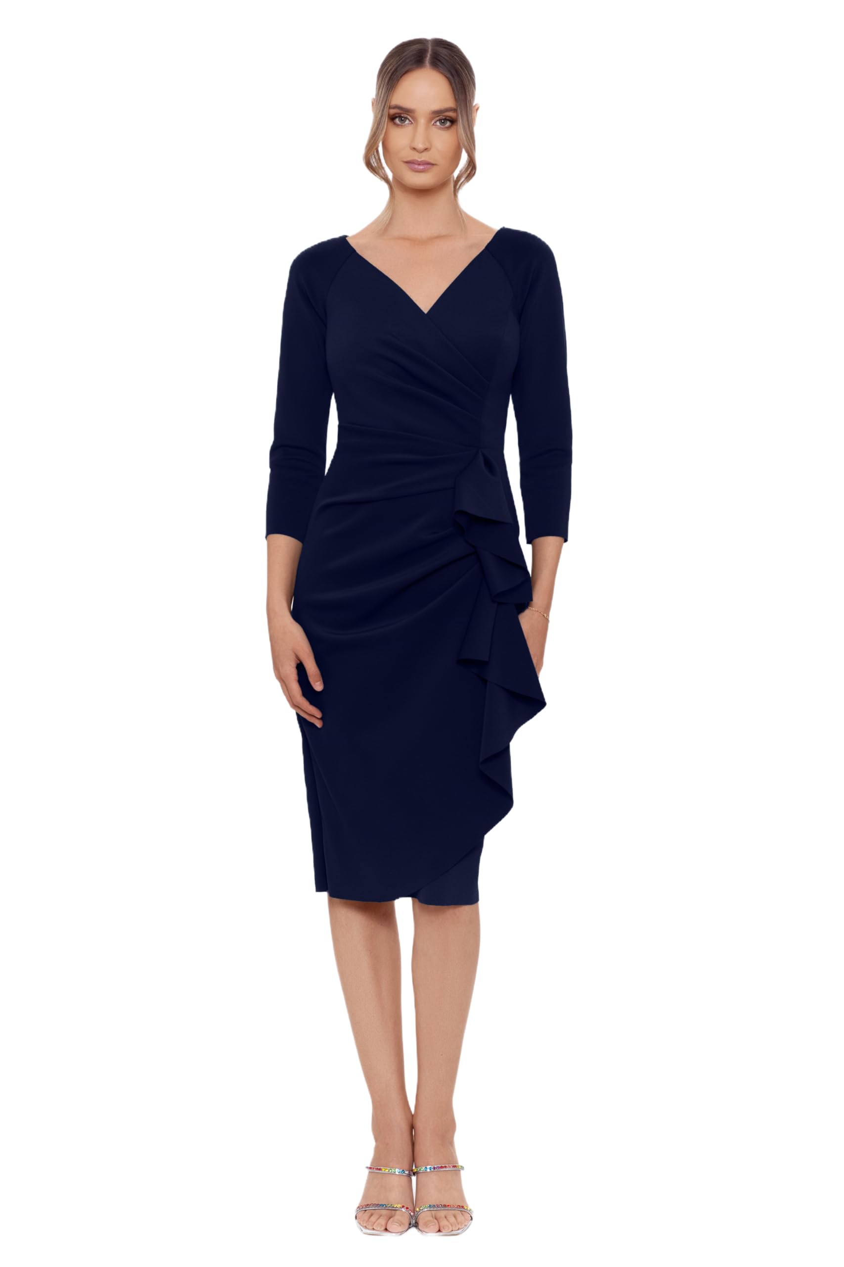 Photo 1 of Xscape Women's 3/4 Sleeve V-Neck Side Ruched Midi Dress (Reg and Petite), Midnight, 6P