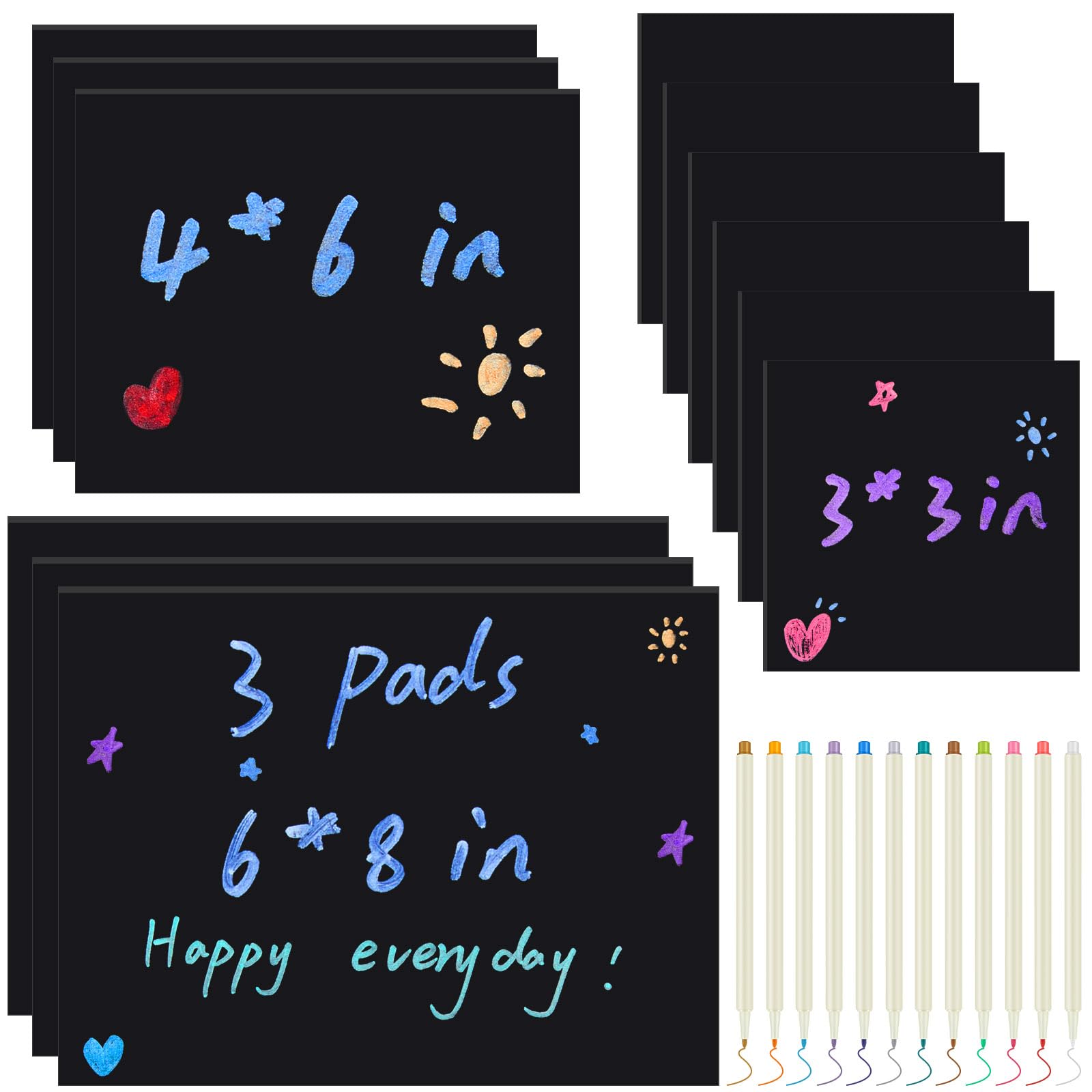 Photo 1 of Kolldenn 12 Packs Black Sticky Notes Kit Include 3"x3", 4"x6", 6"x8" Inch Black Notes Total 855 Sheets and 12 Pcs Colored Metallic Pens Self Stick Cute Sticky Pads for Office Home School Supplies