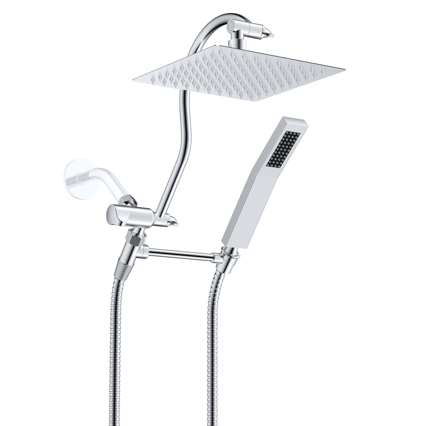 Photo 1 of Hibbent All Metal Shower Head, 8'' High Pressure Rainfall Shower Head, Showerhead Combo, Handheld Shower Wand, 12'' Adjustable Curved Shower Extension Arm, 71'' Hose, Shower Head Holder, Chrome
