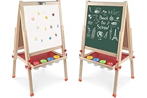 Kids Art Easel White Dry Erase Board and Black Chalk Board Double-Sided Height Adjustable Standing Kids Easel with Drawing Ac