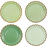Xjoviative 48PCS Sage Green Party Plates 7 Inch, Gradient Green Scalloped Paper Plates with Gold Foil Edge Disposable Dessert Cake Plate for Baby Shower Wedding Birthday Party Supplies (7inch)