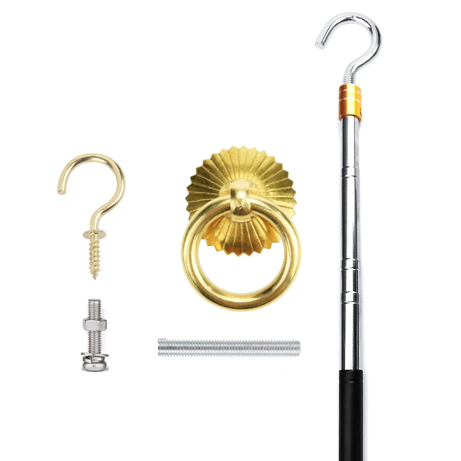 Canlaten·U Attic Ladder Pull System Kit - Attic Pull Down System Hook Parts Replacement for Cord Ropes with 60 Inch Extension Pole and Copper Storage Hook Handle Parts Tool