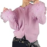 Women Feather Trim Cuff Sweater Cardigan Faux Fur Long Sleeve Knit Solid Color Button-up Crop Cardigan Streetwear