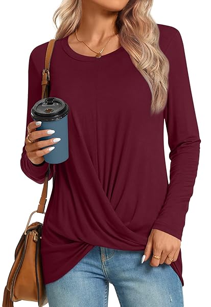 ANYDOLL WOMENS 2023 FALL CHRISTMAS TOPS LONG SLEEVE CASUAL DRESSY TUNIC LOOSE BLOUSE WINE RED 2X-LARGE
