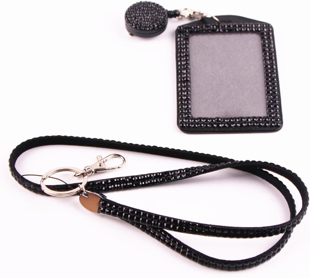 QIDUN Girl Badge Holder Rhinestone Lanyard Bling Crystal Necklace Badge Card Holder for Business Id/Key/Cell Phone ( Colorful) (Black)