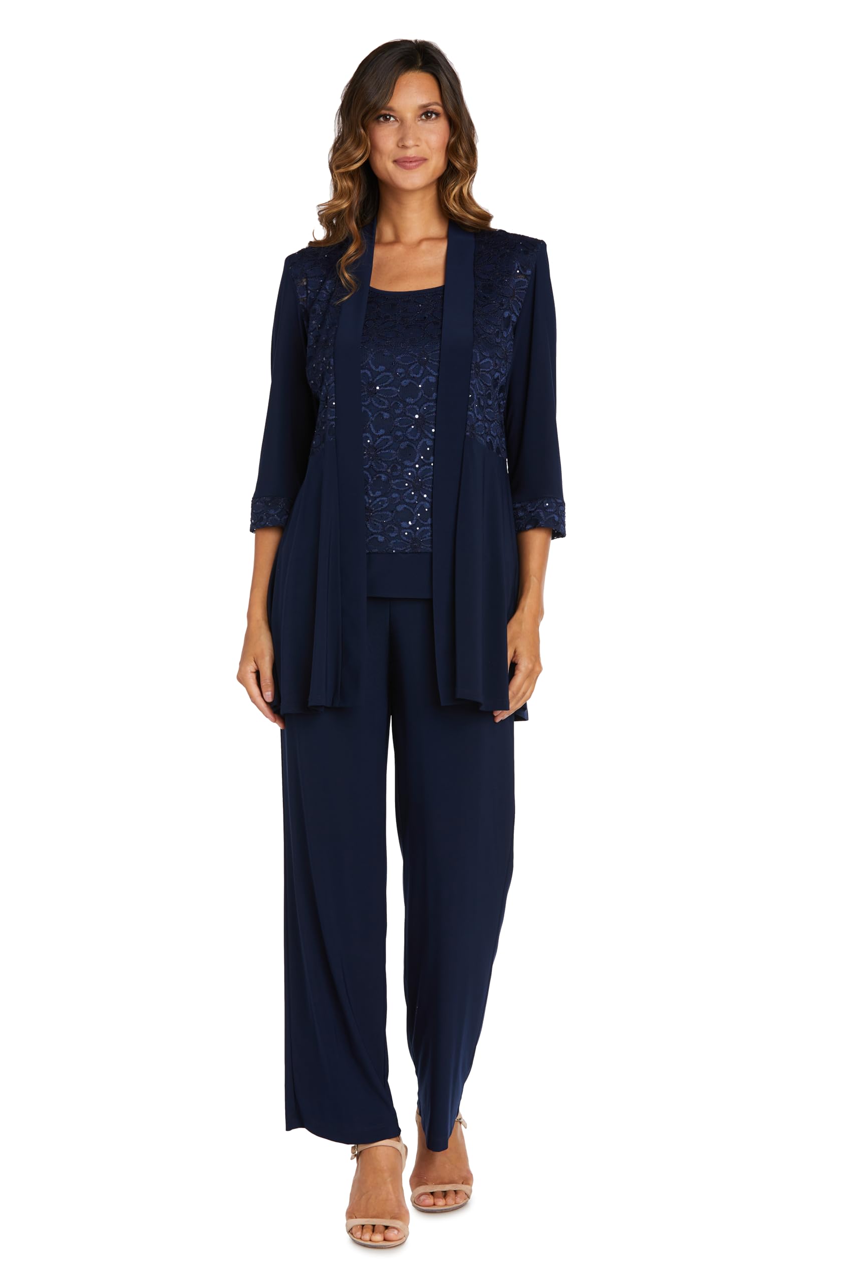 R&M Richards Women’s 2-Piece Glitter Lace Pantsuit – Elegant Mock Jacket & Straight Leg Pants – Dressy Formal Outfit